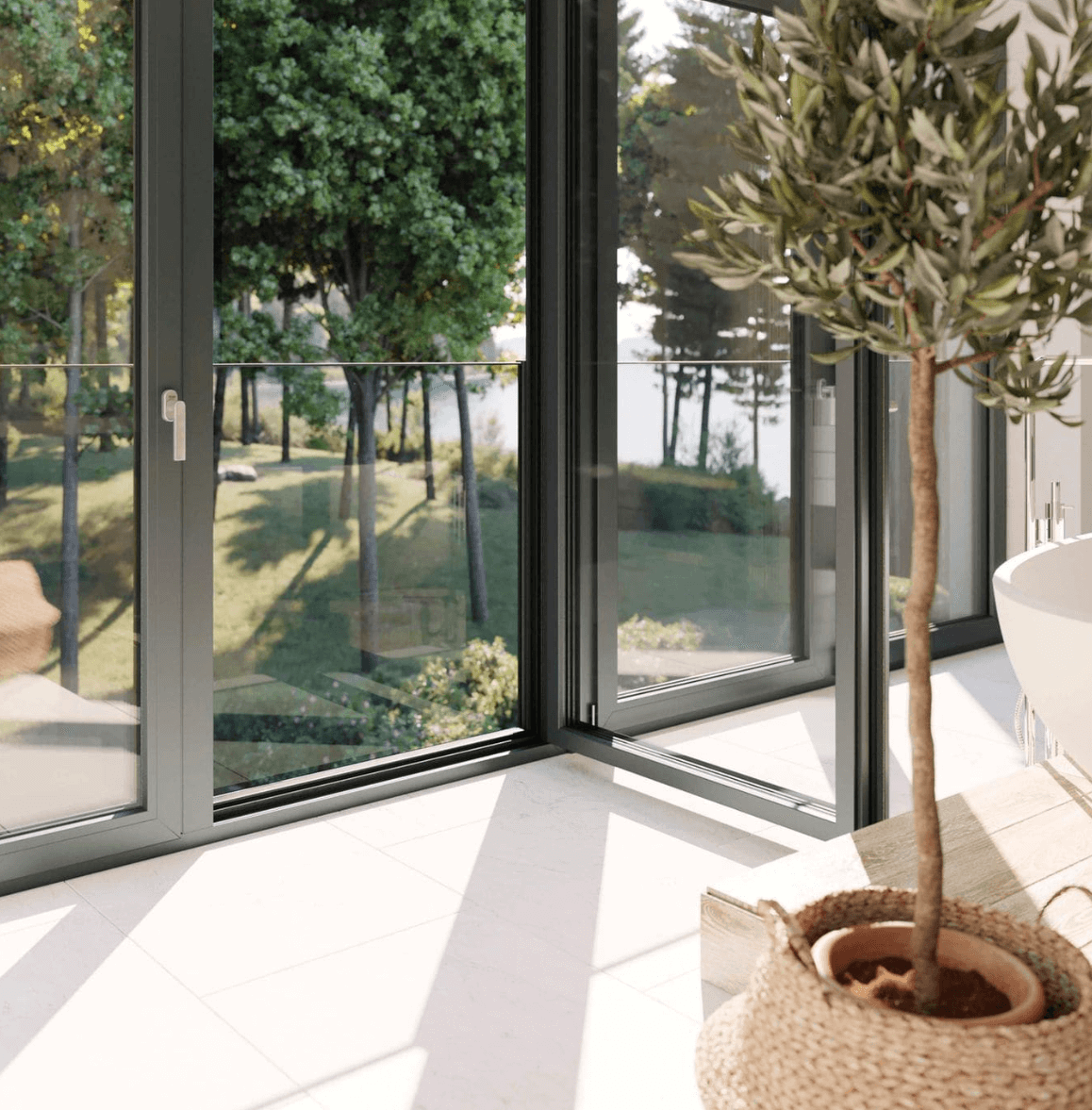 Rehau Synego balcony door installed in a panoramic window