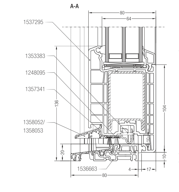 Technical cross-section of Rehau Synego 80mm profile: dimensions and chamber structure. View A