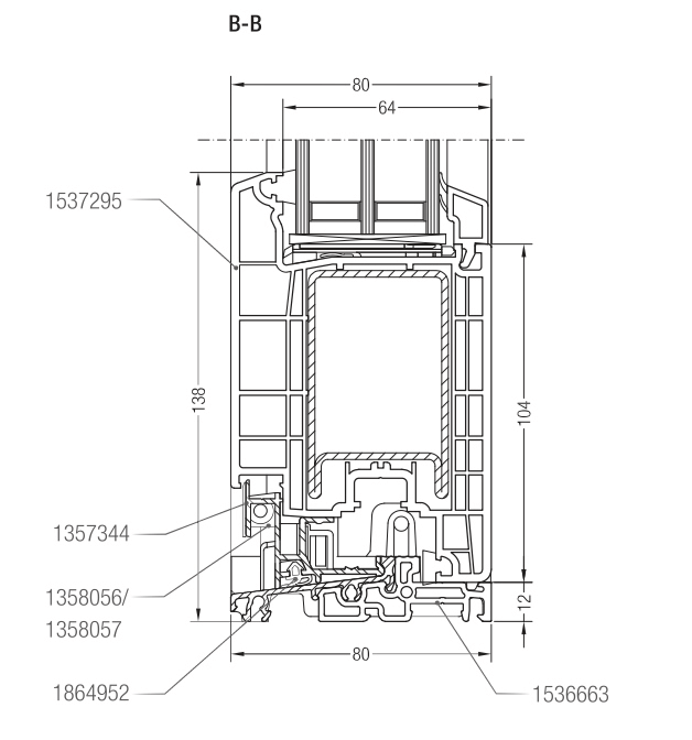 Technical cross-section of Rehau Synego 80mm profile: dimensions and chamber structure. View B