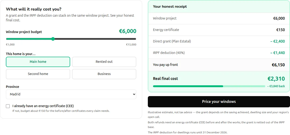 The Window Subsidy & IRPF Deduction Calculator widget: budget slider, property type, province — and the resulting receipt with the real final cost