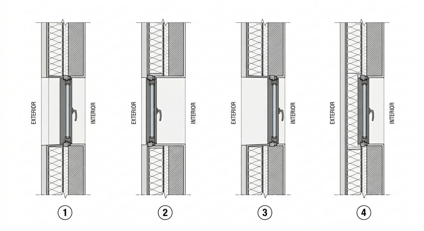 Four cross-section details of a window fitted at different depths within the wall opening, from the inner leaf to aligned with the insulation layer, each marked EXTERIOR and INTERIOR — the installation positions classified in UNE 85219