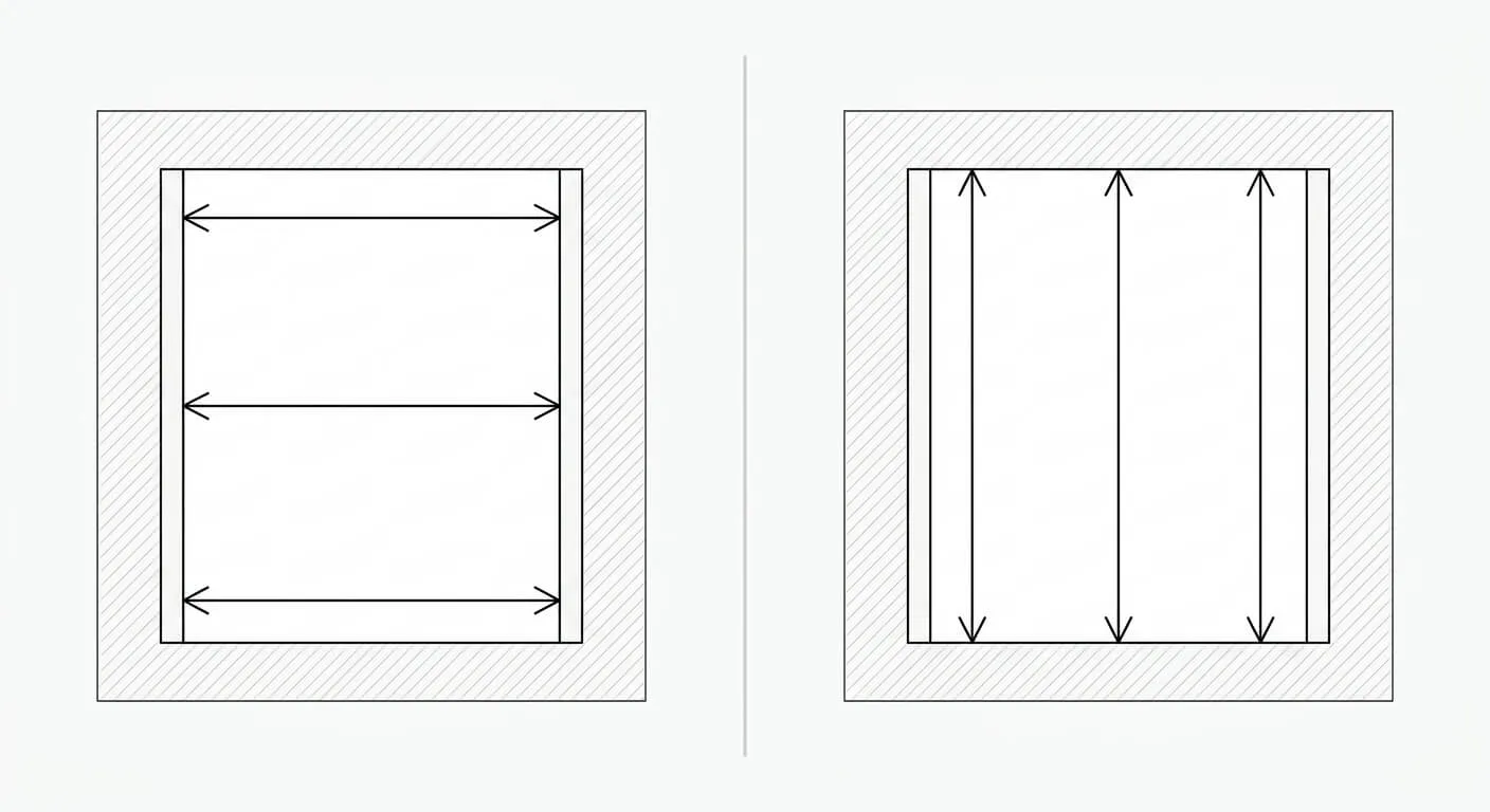 An opening measured for a new window — three horizontal width readings (top, middle, bottom) on the left and three vertical height readings (left, middle, right) on the right, as required by UNE 85219