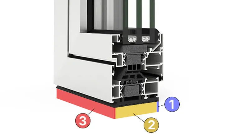 Cross-section of a window frame corner showing the three sealing planes of the perimeter joint — ① the interior airtight plane, ② the intermediate thermal and acoustic insulation, and ③ the exterior watertight but vapour-open plane — as described by UNE 85219